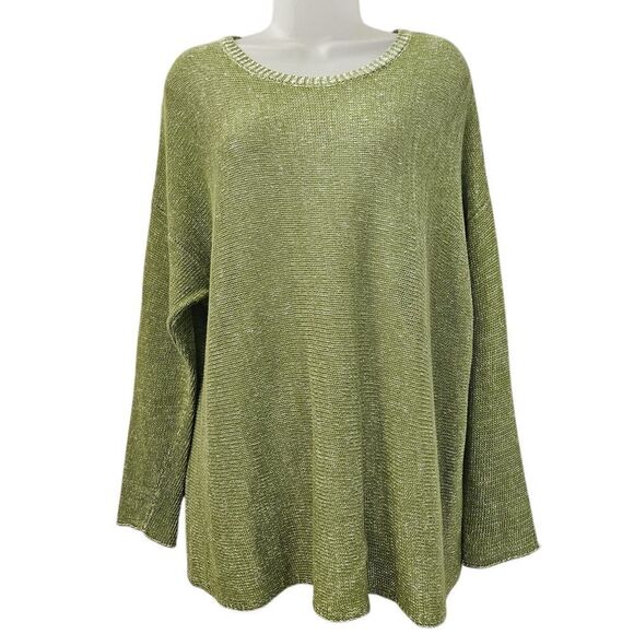 Eileen Fisher‎ Sweater L Lime Green 100% Organic Linen Knit Round Neck Lagenlook - Picture 1 of 13